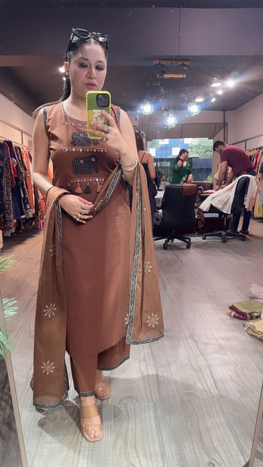 Aayat Brown Elephant Cotton Suit (Sleeve Fabric Attached)