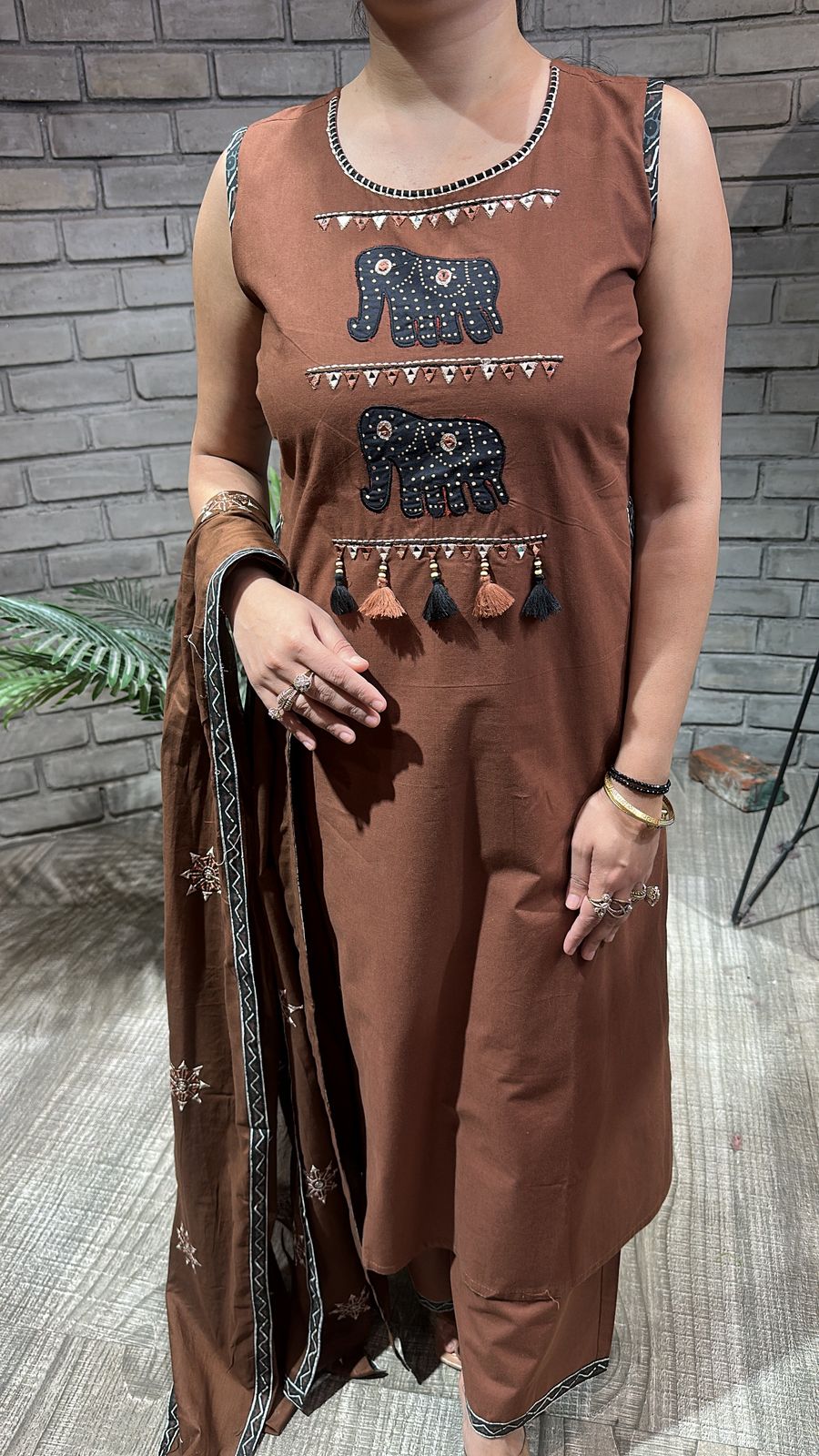 Aayat Brown Elephant Cotton Suit (Sleeve Fabric Attached)
