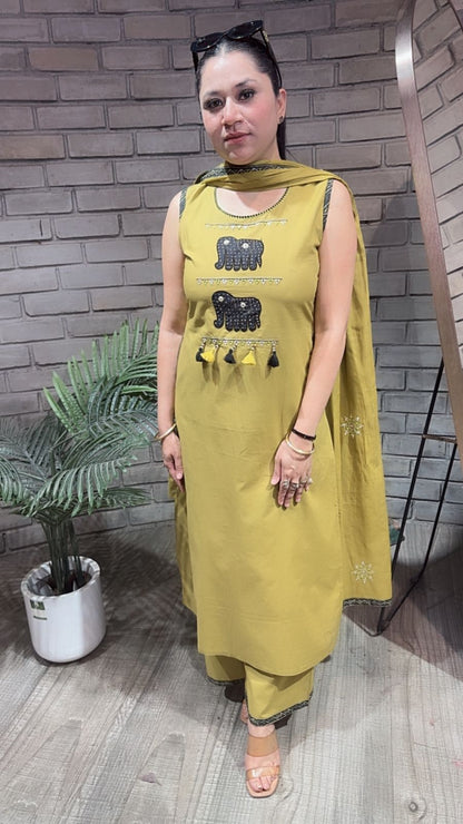 Aayat lime Elephant Cotton Suit (Sleeve Fabric Attached)