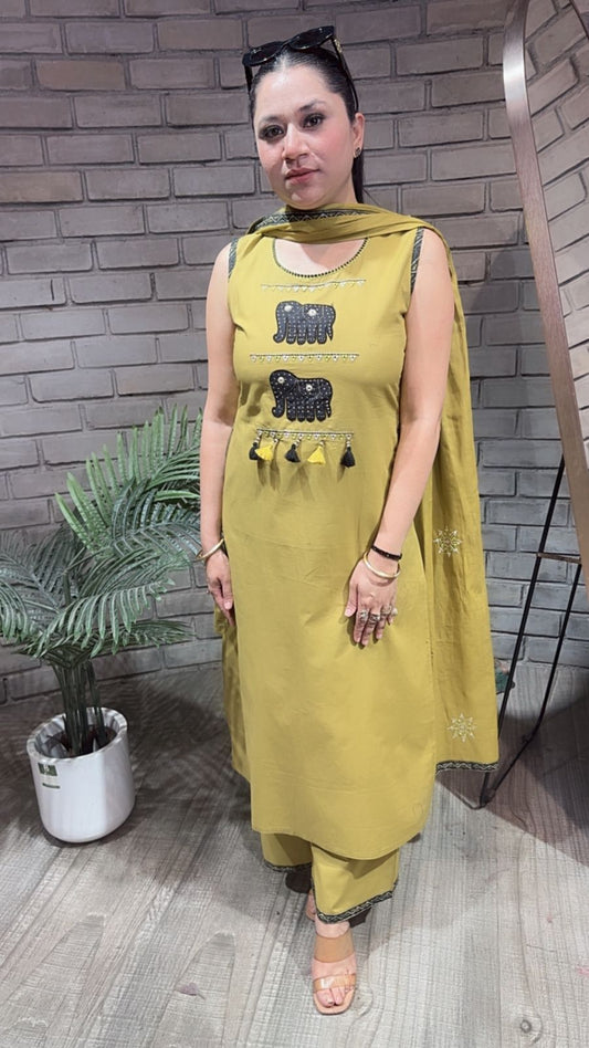 Aayat lime Elephant Cotton Suit (Sleeve Fabric Attached)