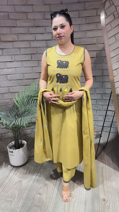 Aayat lime Elephant Cotton Suit (Sleeve Fabric Attached)