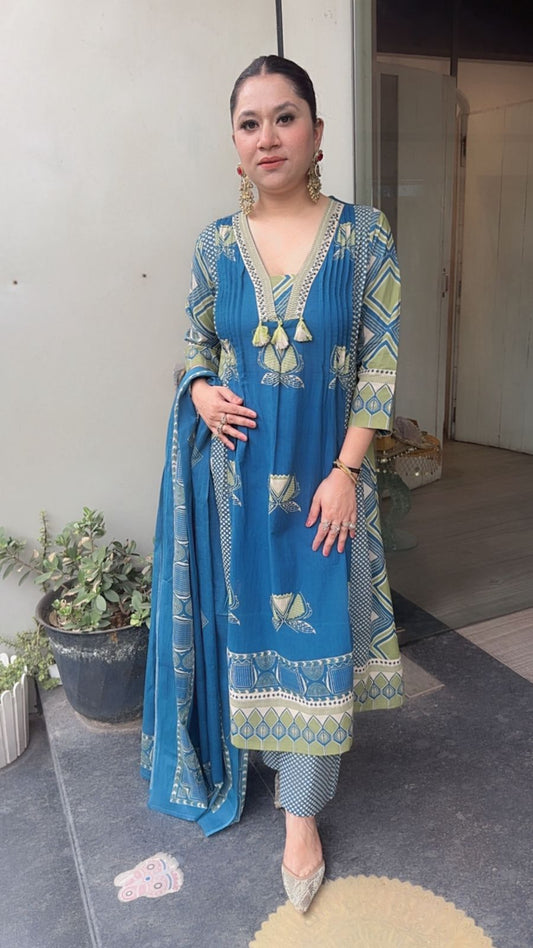 Jasmine Blue Green Cotton Digital Designer Suit