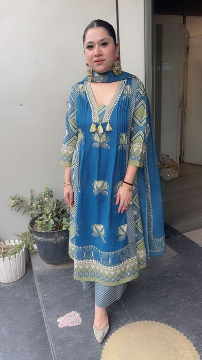 Jasmine Blue Green Cotton Digital Designer Suit