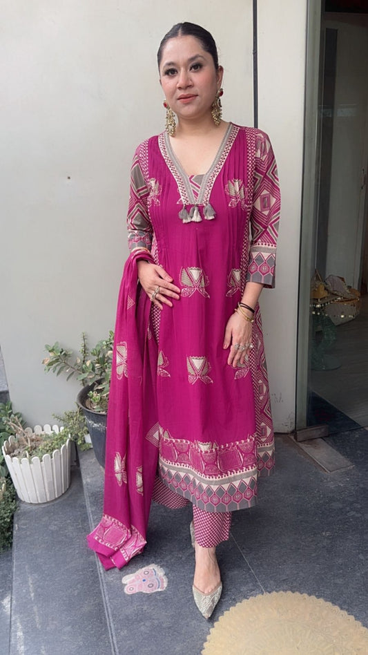 Jasmine Pink Grey Cotton Digital Designer Suit