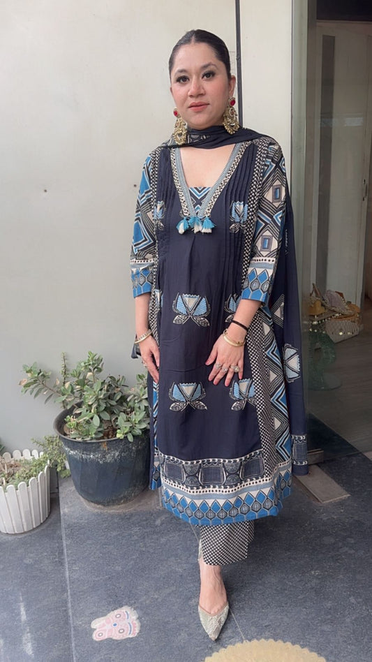 Jasmine Black Blue Cotton Digital Designer Suit