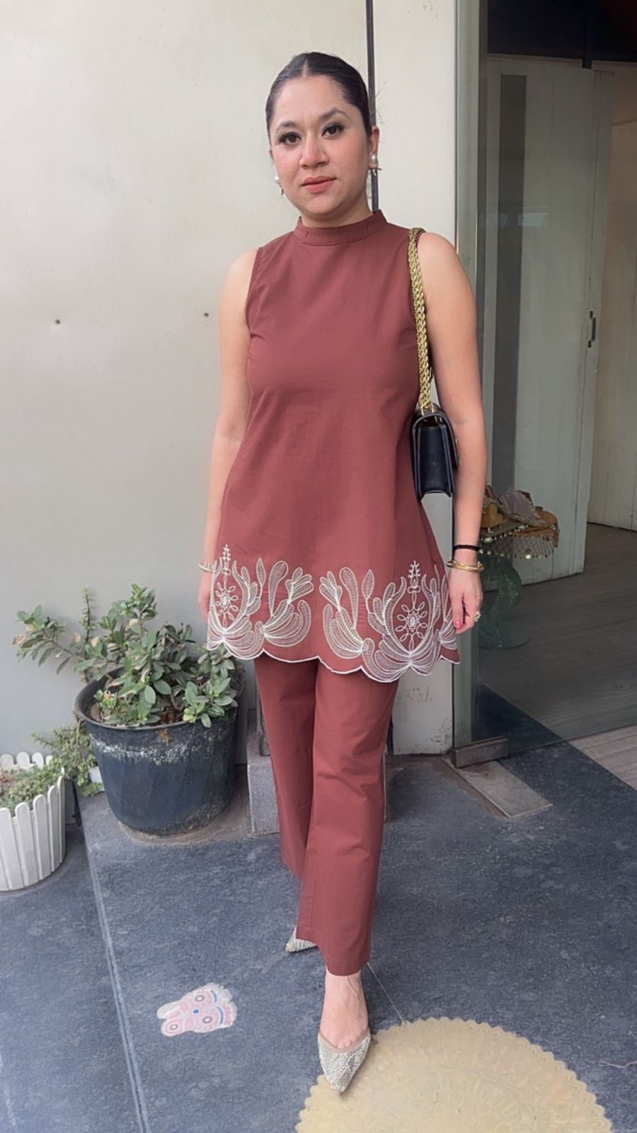 Liora Brown Cotton Designer Cordset (Sleeves attached Inside)