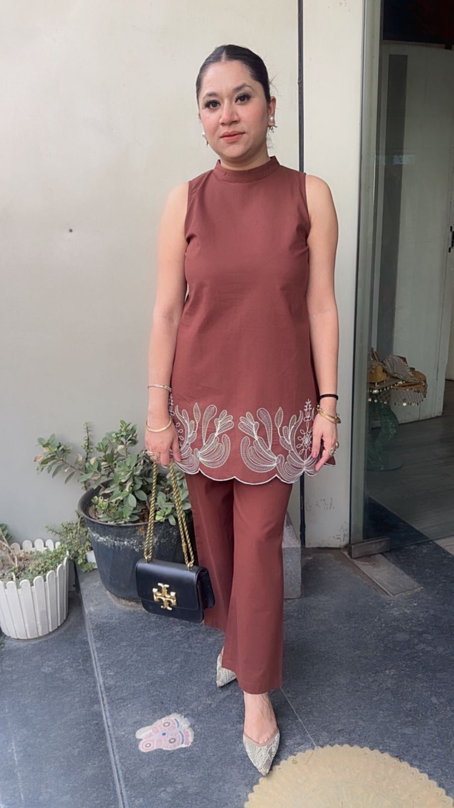 Liora Brown Cotton Designer Cordset (Sleeves attached Inside)