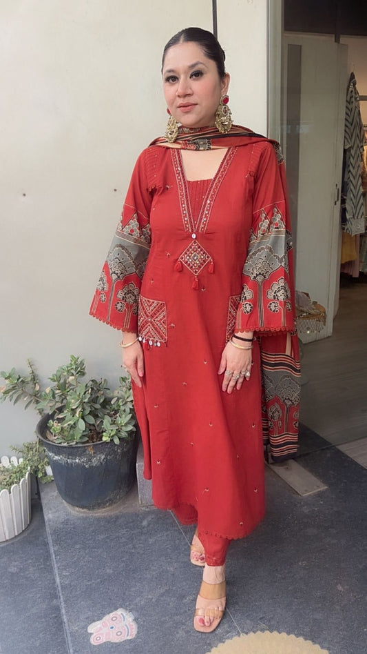 Zevar Rust Cotton Designer Suit
