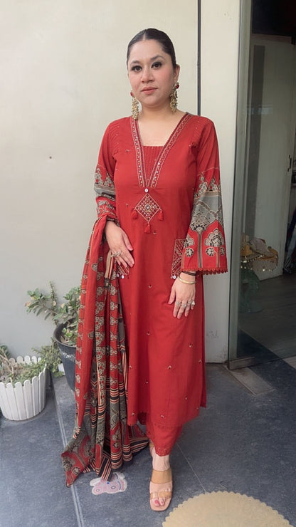 Zevar Rust Cotton Designer Suit
