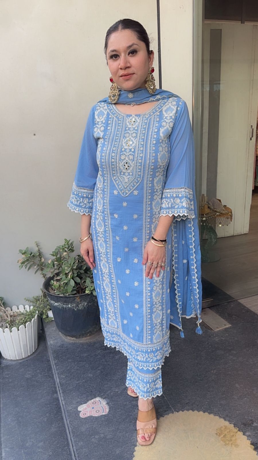 Nazm Aqua Blue Cotton Thread work  Designer Suit