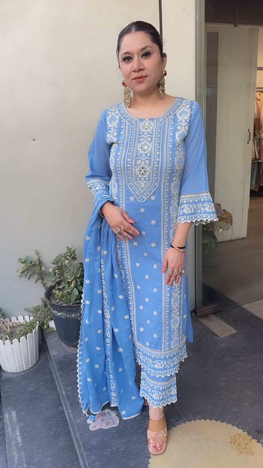 Nazm Aqua Blue Cotton Thread work  Designer Suit