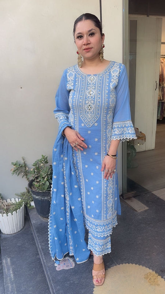 Nazm Aqua Blue Cotton Thread work  Designer Suit