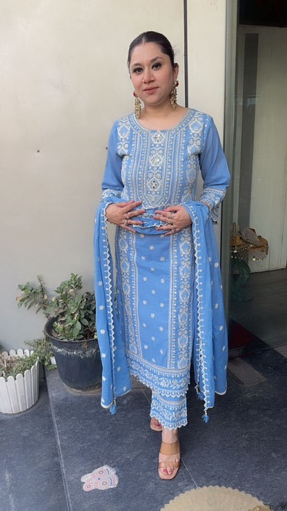 Nazm Aqua Blue Cotton Thread work  Designer Suit