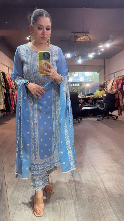 Nazm Aqua Blue Cotton Thread work  Designer Suit
