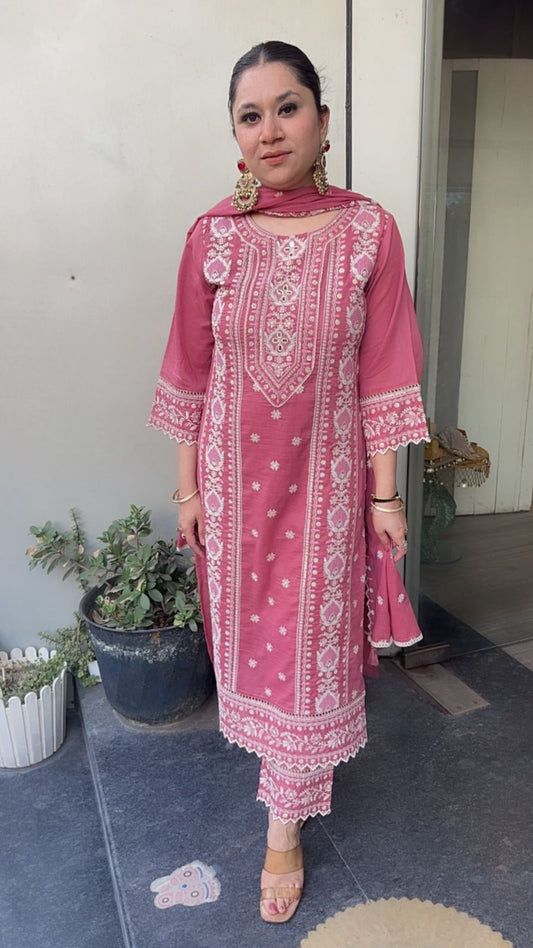 Nazm onion Pink Cotton Thread work  Designer Suit