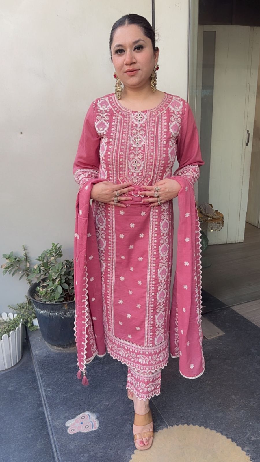 Nazm onion Pink Cotton Thread work  Designer Suit