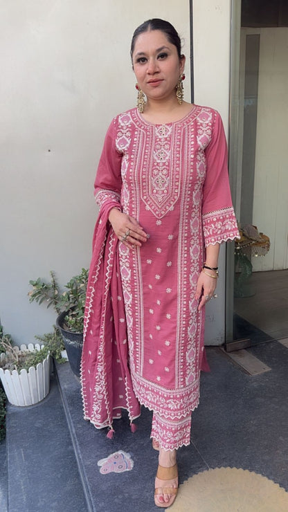 Nazm onion Pink Cotton Thread work  Designer Suit