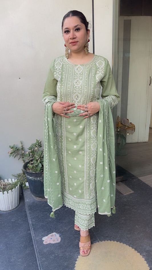 Nazm pista Green Cotton Thread work  Designer Suit