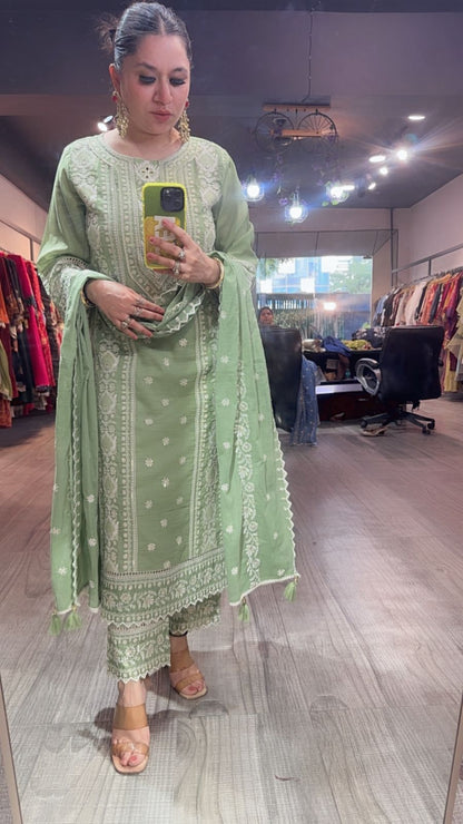 Nazm pista Green Cotton Thread work  Designer Suit