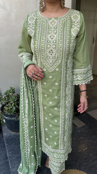 Nazm pista Green Cotton Thread work  Designer Suit