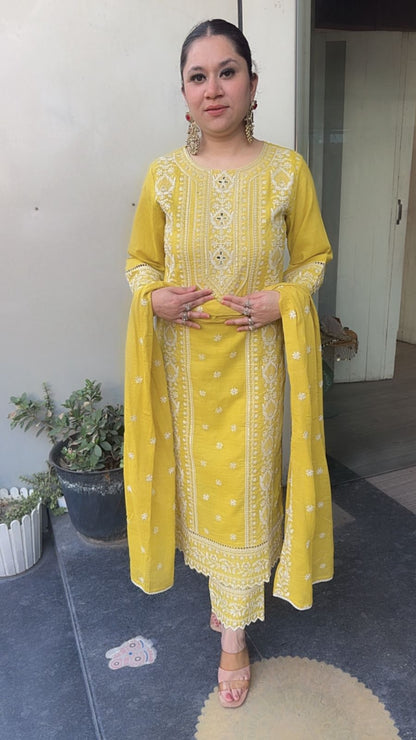 Nazm yellow Cotton Thread work  Designer Suit