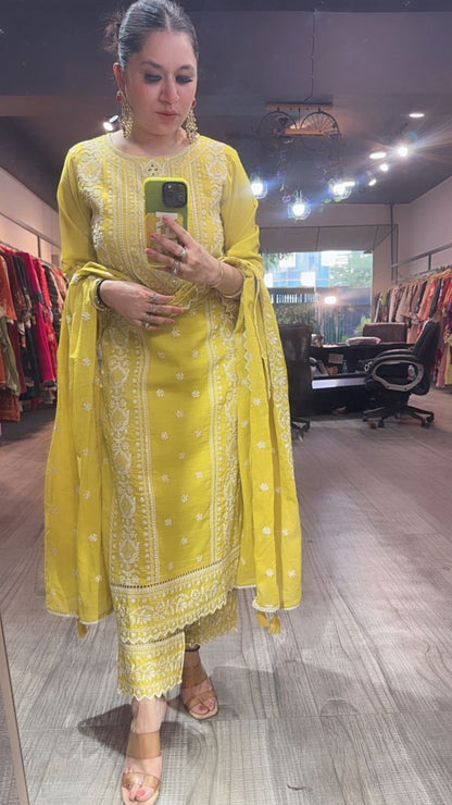 Nazm yellow Cotton Thread work  Designer Suit