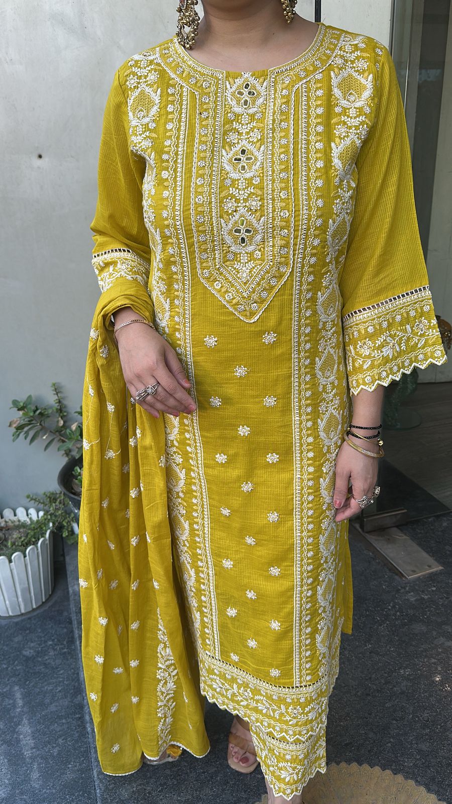 Nazm yellow Cotton Thread work  Designer Suit