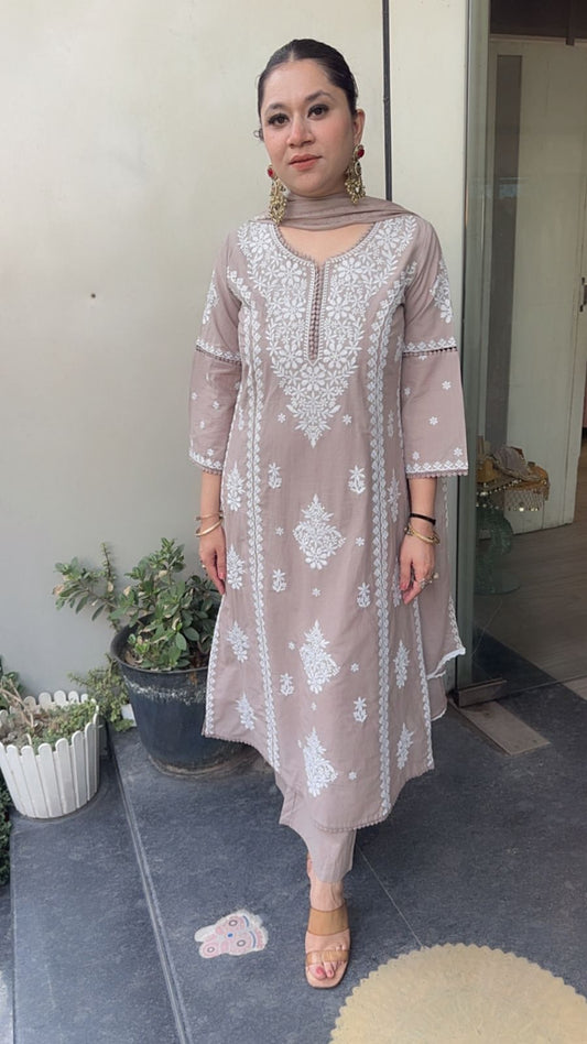 Lucknowi Mouse Chikankari A-Line Cotton Suit