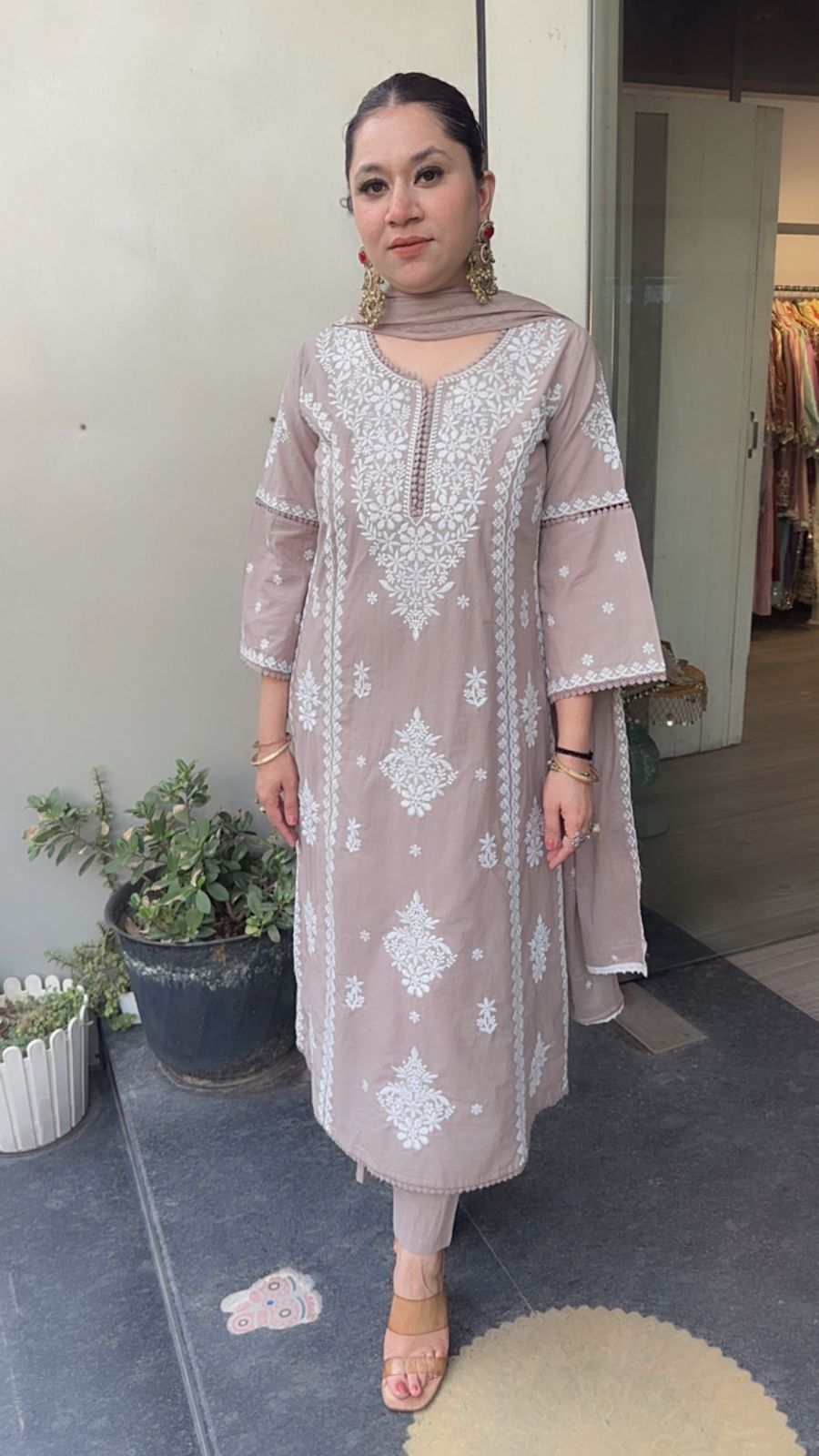 Lucknowi Mouse Chikankari A-Line Cotton Suit
