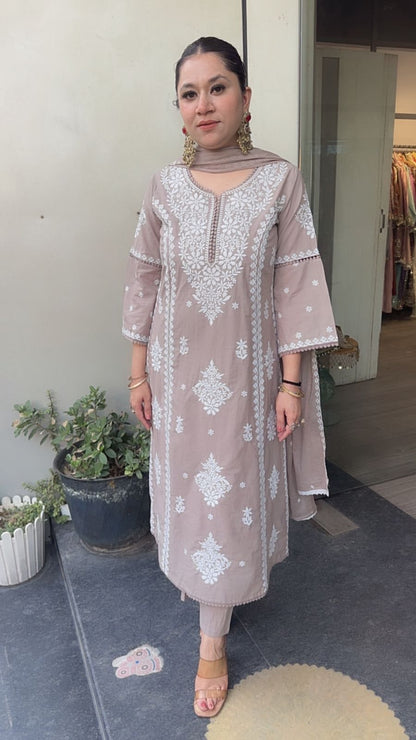 Lucknowi Mouse Chikankari A-Line Cotton Suit
