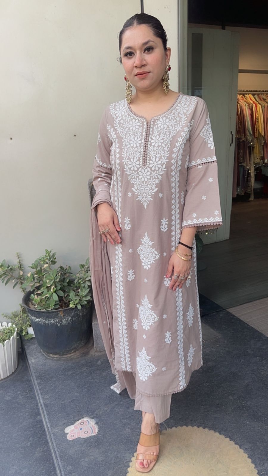 Lucknowi Mouse Chikankari A-Line Cotton Suit