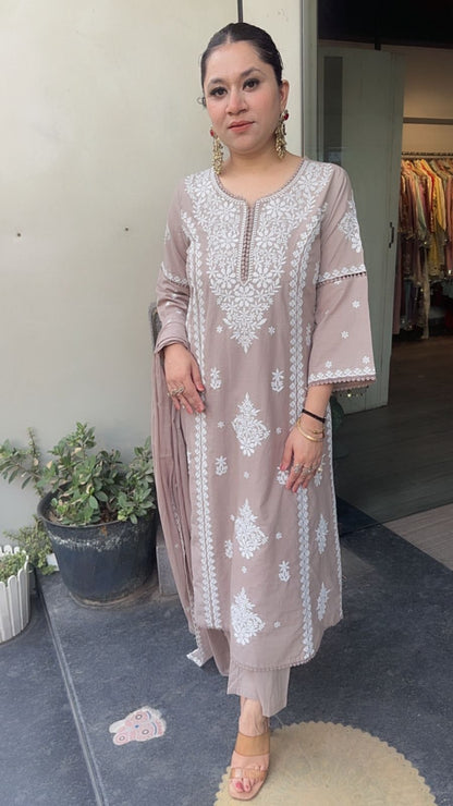 Lucknowi Mouse Chikankari A-Line Cotton Suit