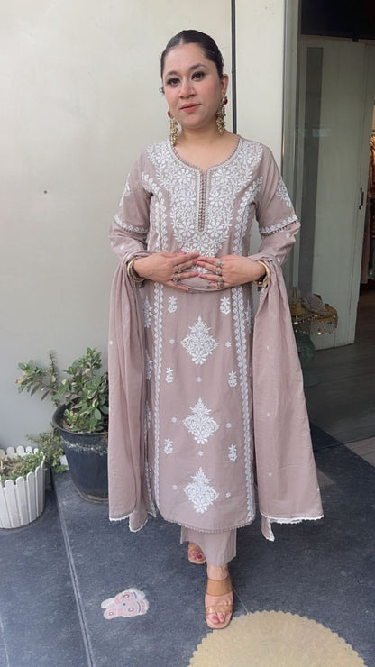 Lucknowi Mouse Chikankari A-Line Cotton Suit