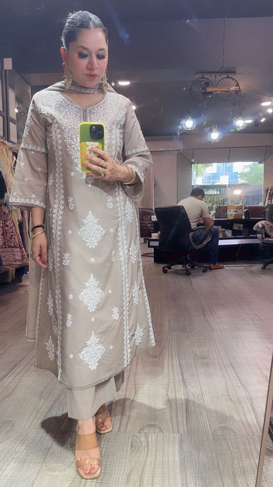 Lucknowi Mouse Chikankari A-Line Cotton Suit