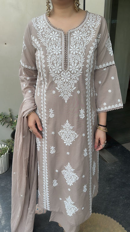 Lucknowi Mouse Chikankari A-Line Cotton Suit