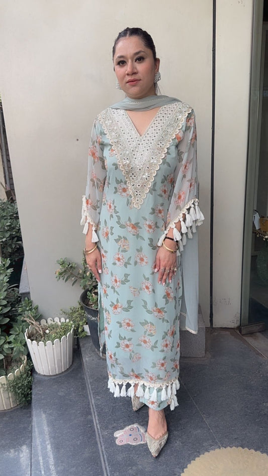 Lettuce Georgette Tassel Designer Suit
