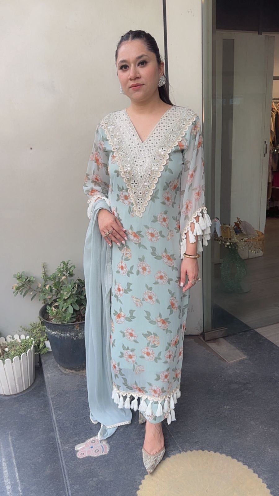 Lettuce Georgette Tassel Designer Suit