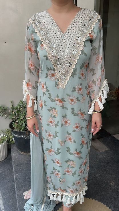Lettuce Georgette Tassel Designer Suit