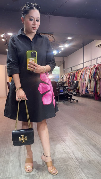 Cloe Flower Black Cotton Designer Dress