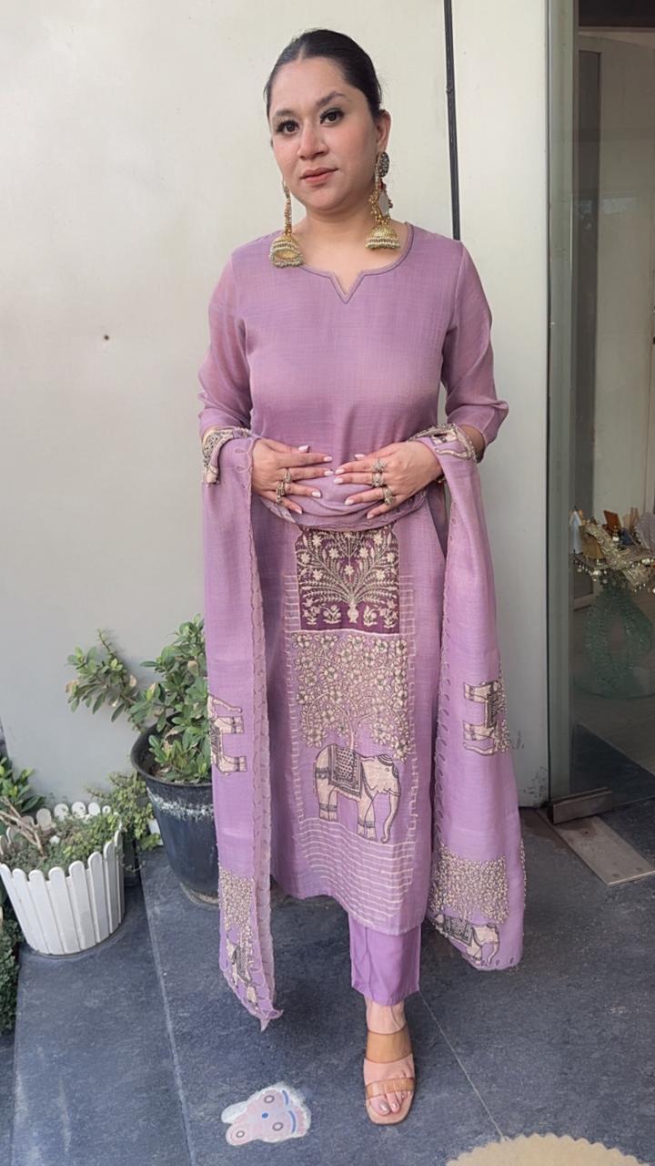 Elphy Lavander Thread work Elephant Designer Suit