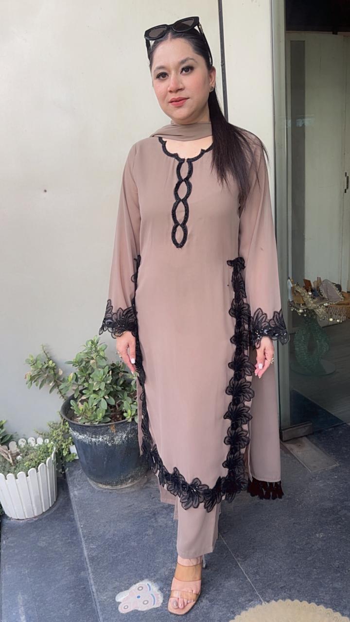 Karigari Mousse Black Pakistani lace work Designer Suit