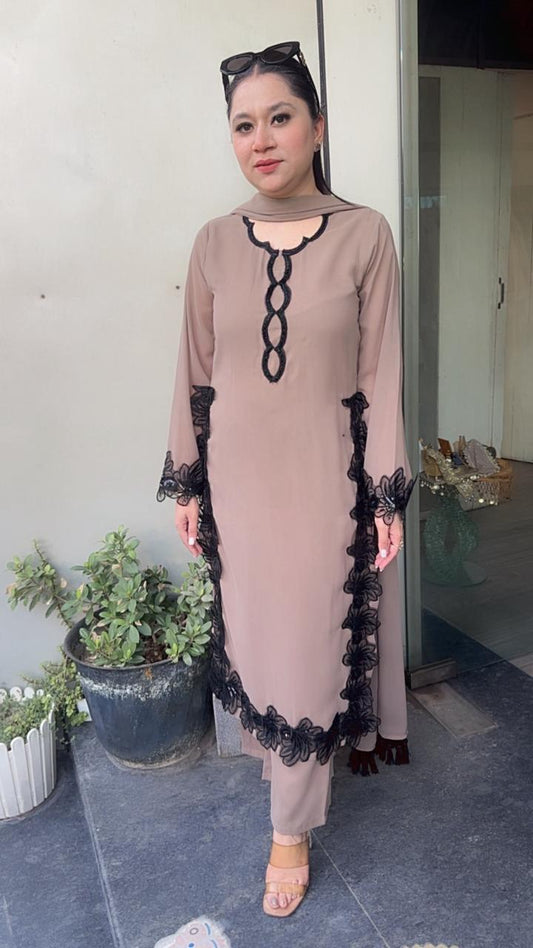 Karigari Mousse Black Pakistani lace work Designer Suit