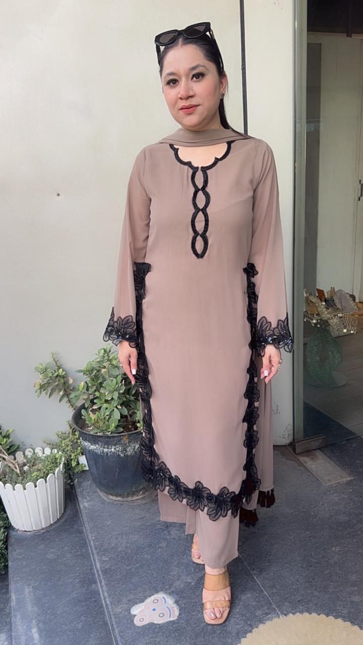 Karigari Mousse Black Pakistani lace work Designer Suit