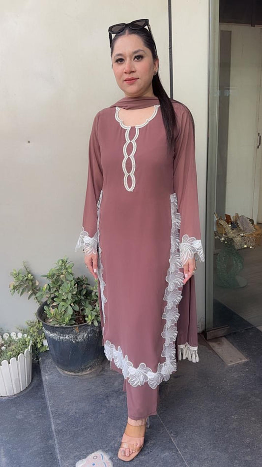 Karigari onionpink white Pakistani lace work Designer Suit