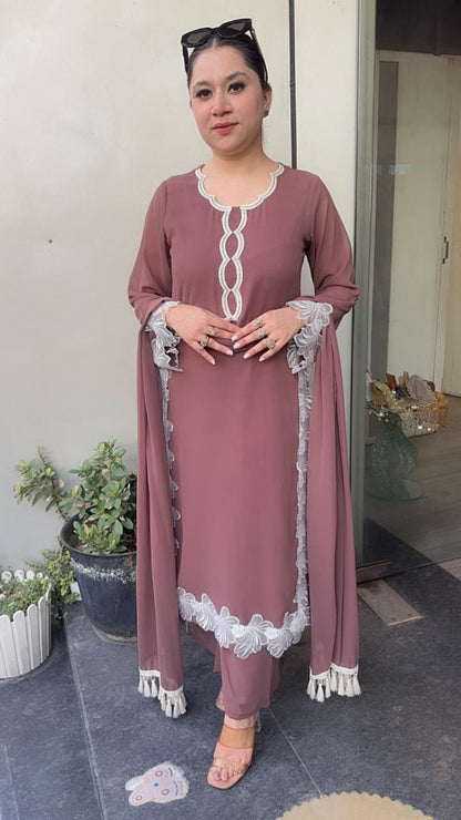 Karigari onionpink white Pakistani lace work Designer Suit