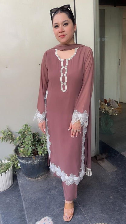 Karigari onionpink white Pakistani lace work Designer Suit