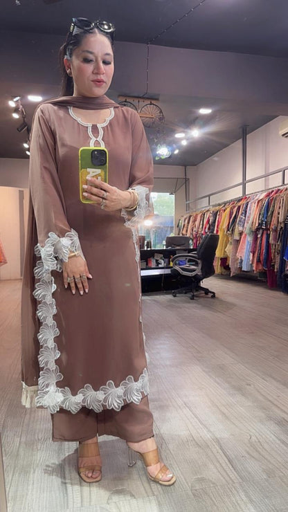 Karigari onionpink white Pakistani lace work Designer Suit