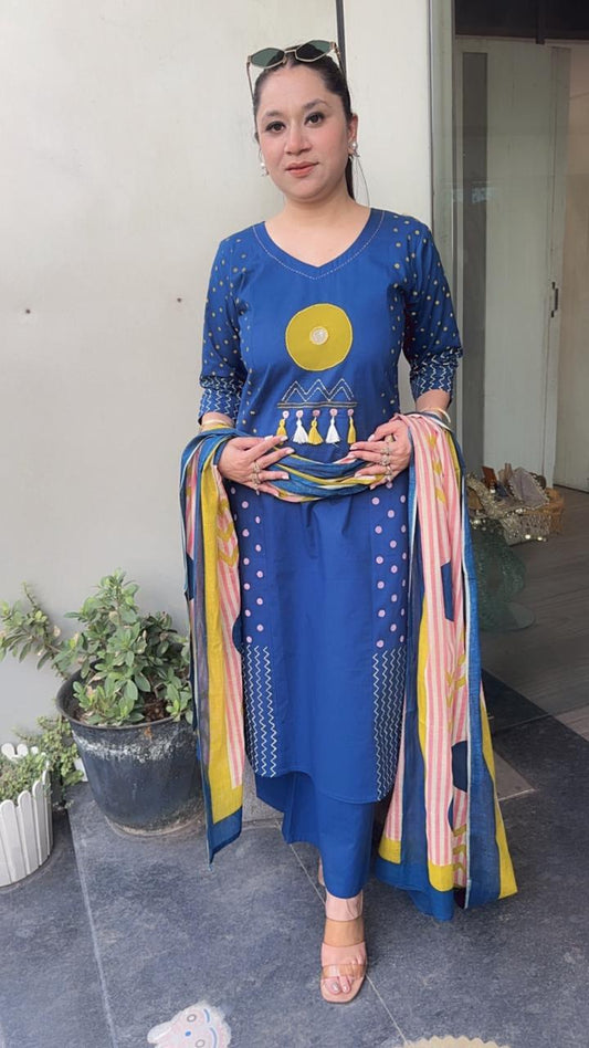 Giva Evil Eye Blue Cotton Designer Suit