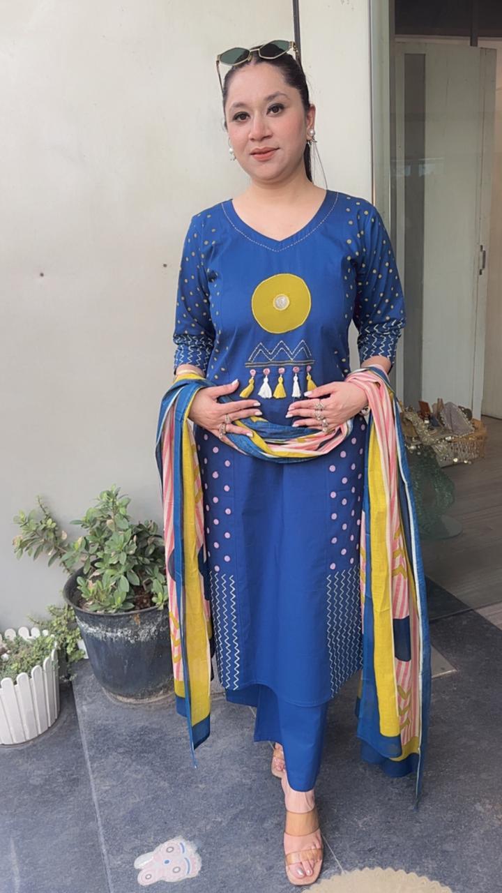 Giva Evil Eye Blue Cotton Designer Suit
