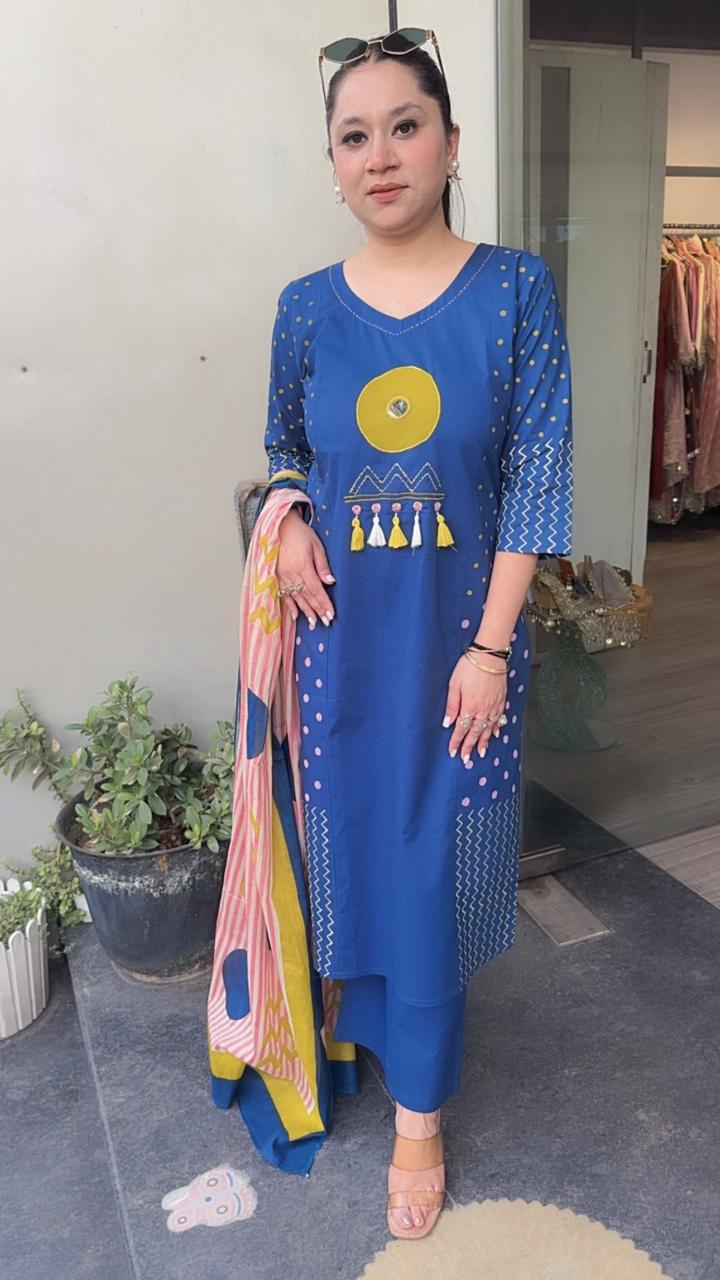 Giva Evil Eye Blue Cotton Designer Suit